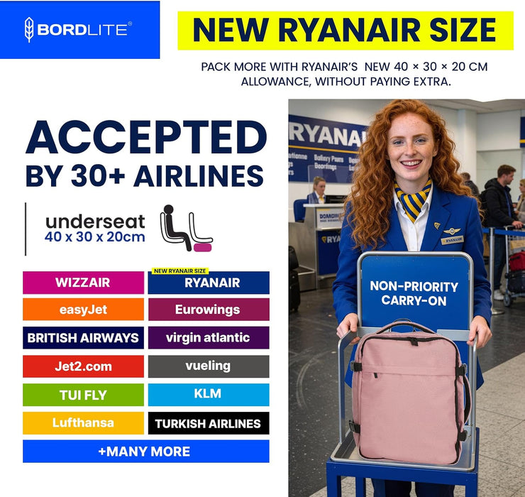 Bordlite Ryanair Cabin Backpack 40x30x20cm – Underseat Travel Backpack for Wizz Air & EasyJet, Water-Resistant Polyester Carry On Bag with Laptop Sleeve, Compression Straps & Security Pocket