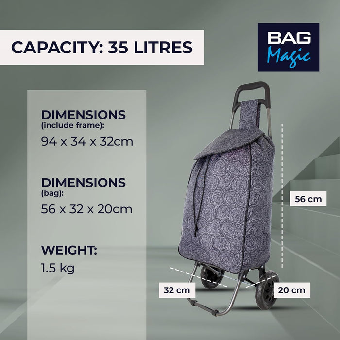 Lightweight 2 Wheel Shopping Trolley Cart 35L - Water-Resistant Bag & Smooth Rolling Wheels - 94cm