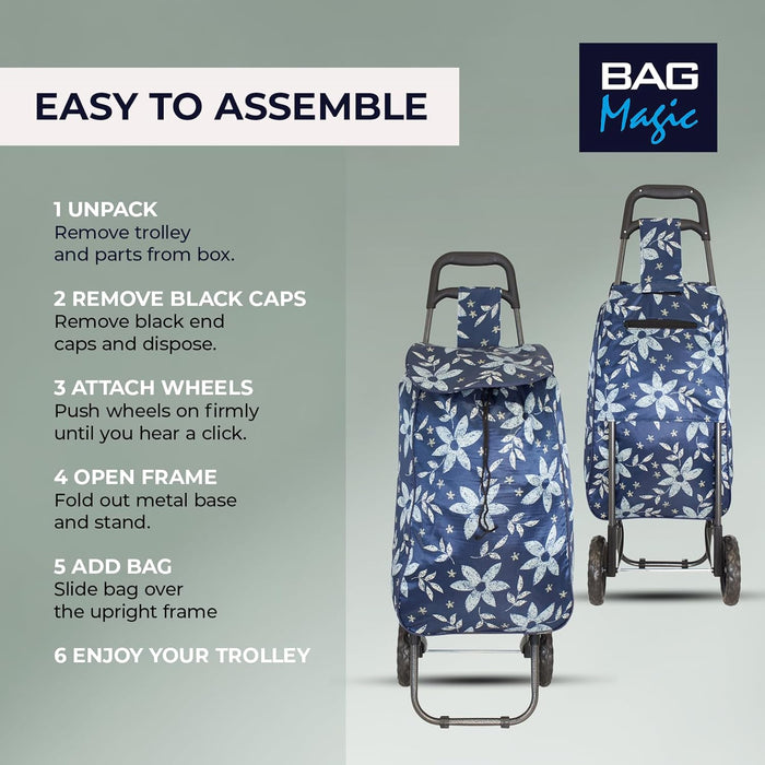 Lightweight 2 Wheel Shopping Trolley Cart 35L - Water-Resistant Bag & Smooth Rolling Wheels - 94cm