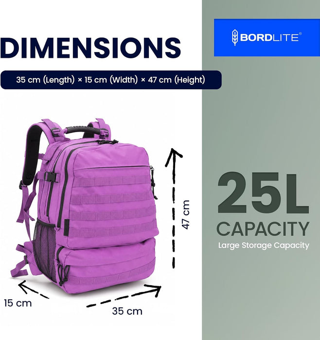 Bordlite 25L Military Tactical Backpack, Heavy Duty MOLLE Rucksack with Padded Shoulder Straps, Waist Belt, Multiple Compartments for Hiking, Camping, Travel, Gym & Work