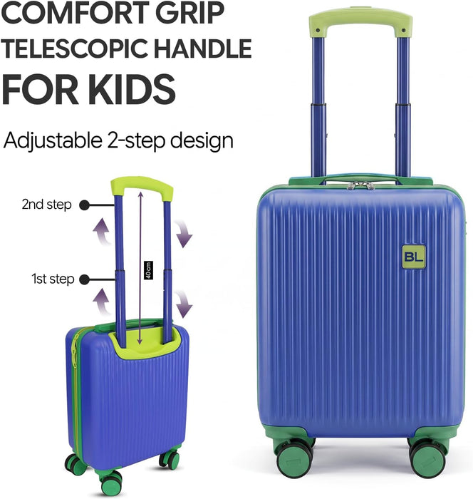 Bordlite Kids Suitcase 40x30x20cm Blue Cabin Luggage for Boys & Girls, Childrens Underseat Travel Case with 360 Spinner Wheels, Telescopic Handle, ABS Shell for Ryanair & Wizz Air