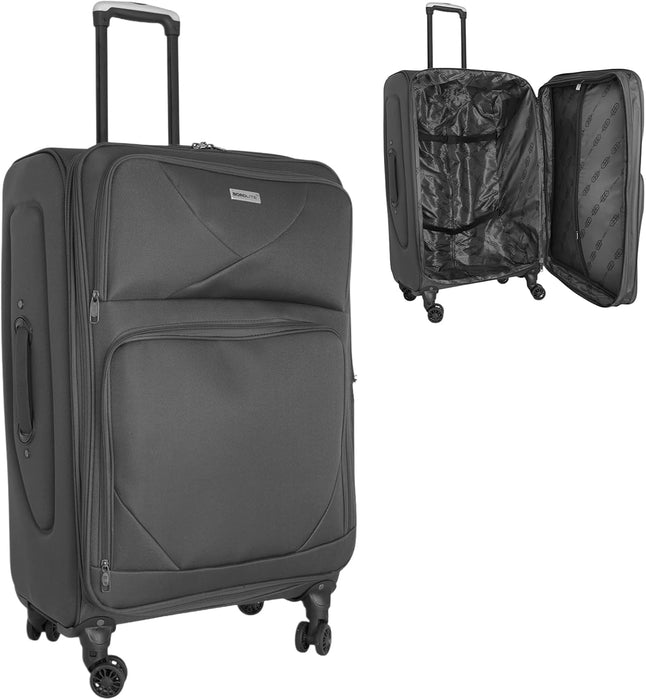 Bordlite Softshell Spinner Suitcase Black - Expandable Travel Luggage with 360 Wheels, Combination Lock, Telescopic Handle and Front Pockets (Available in 19", 22", 27", 30", 34" and Bundle Sets)