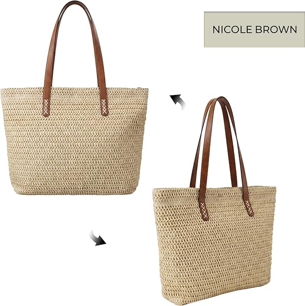 Nicole Brown Straw Beach Bag for Women – Large Woven Tote Bag with Zip Closure & Interior Pocket, Lightweight Summer Shoulder Bag for Beach, Holiday, Shopping & Travel