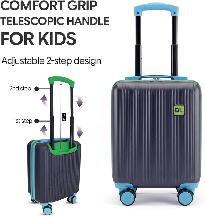 Bordlite Kids Suitcase 40x30x20cm Blue Cabin Luggage for Boys & Girls, Childrens Underseat Travel Case with 360 Spinner Wheels, Telescopic Handle, ABS Shell for Ryanair & Wizz Air