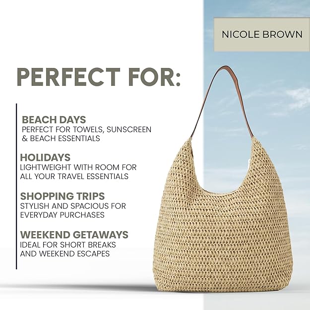 Nicole Brown Women's Straw Hobo Shoulder Bag - Woven Summer Beach Handbag with Zip Closure, Lightweight Holiday Tote for Travel, Shopping & Everyday Use