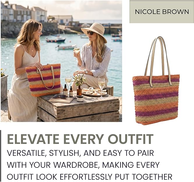 Nicole Brown Women's Straw Tote Bag - Woven Summer Beach Bag with Zip Closure & Interior Pocket, Lightweight Holiday Shoulder Shopper for Travel, Shopping & Beach Days