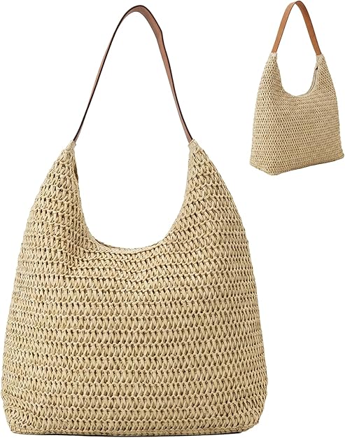 Nicole Brown Women's Straw Hobo Shoulder Bag - Woven Summer Beach Handbag with Zip Closure, Lightweight Holiday Tote for Travel, Shopping & Everyday Use
