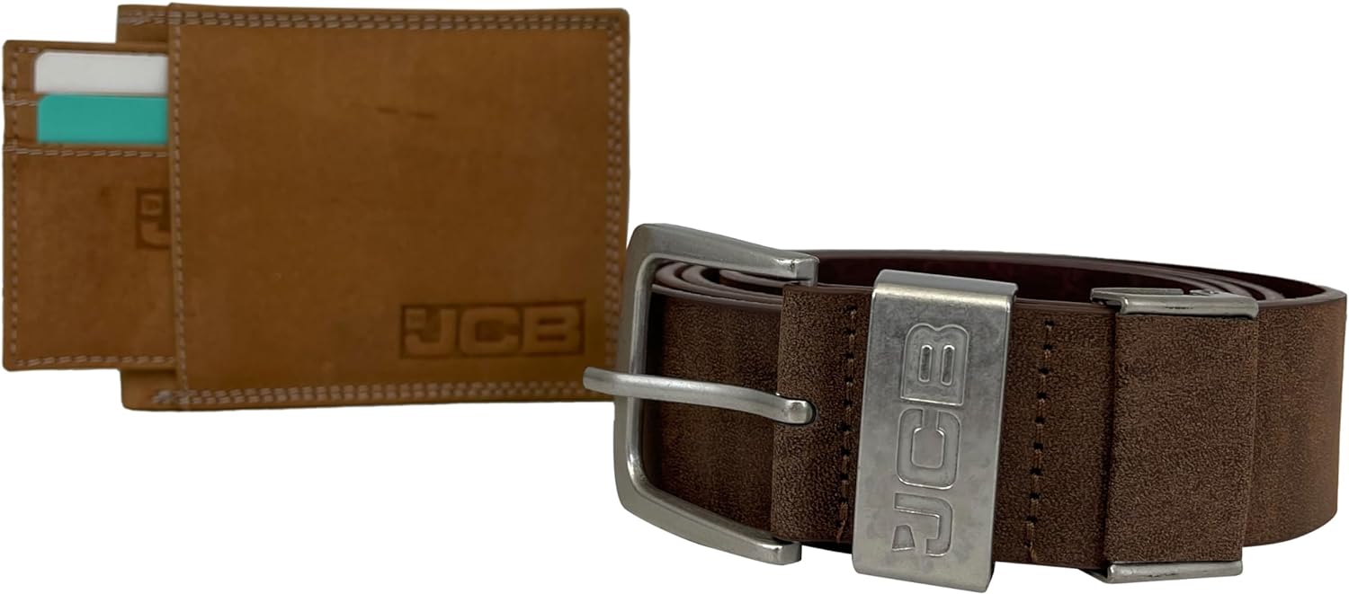 JCB Boxed Adjustable Leather Brown Mens Belt & Genuine Leather Tan Wallet Bundle Pack