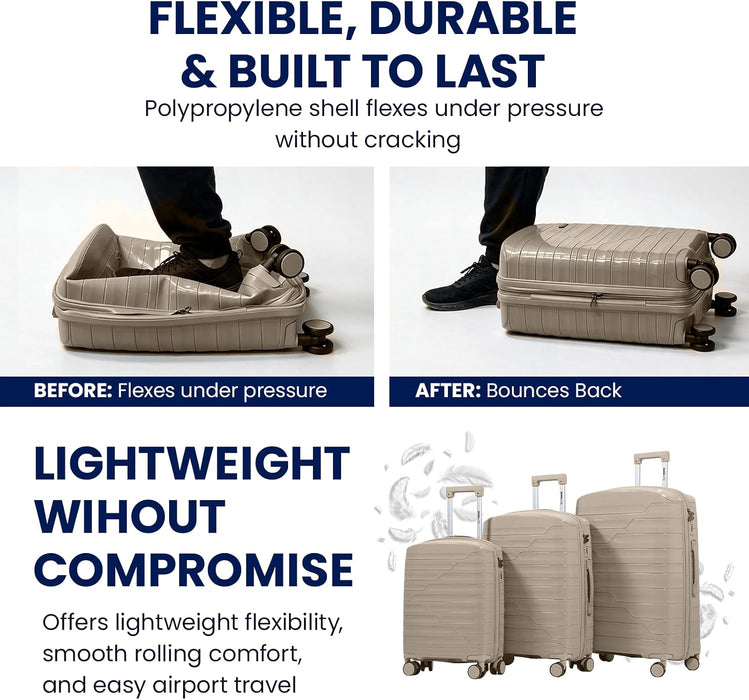 Bordlite Expandable Polypropylene Hard Shell Luggage, Lightweight Suitcase with 4 Spinner Wheels, Combination Lock and Telescopic Handle