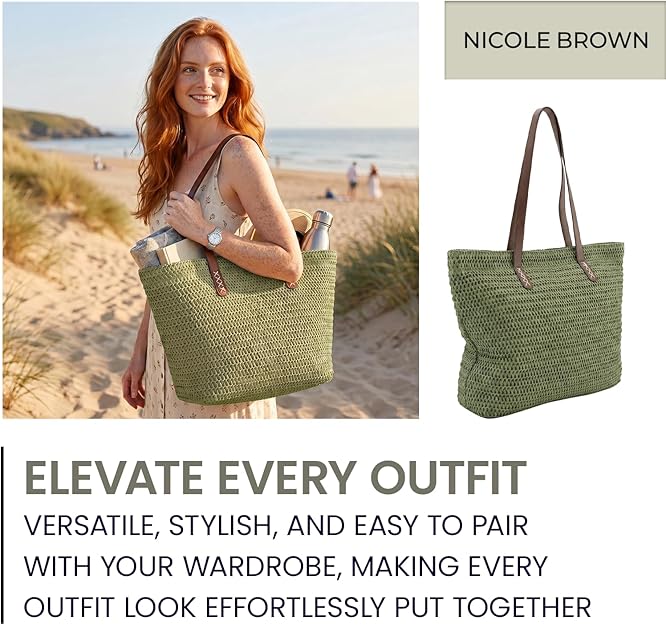 Nicole Brown Straw Beach Bag for Women – Large Woven Tote Bag with Zip Closure & Interior Pocket, Lightweight Summer Shoulder Bag for Beach, Holiday, Shopping & Travel