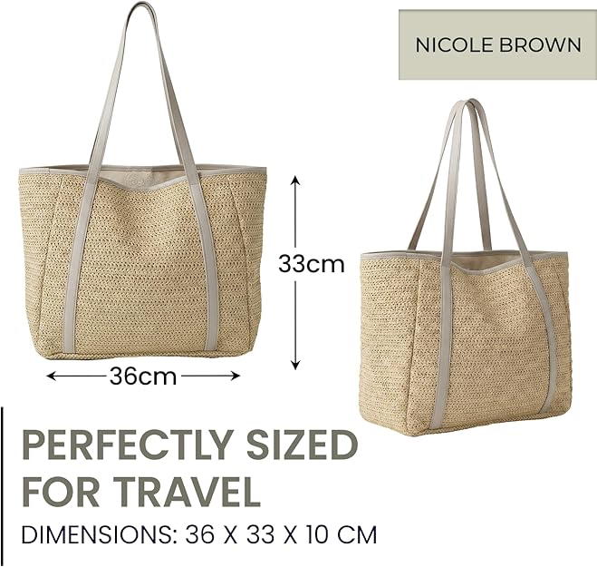 Nicole Brown Straw Tote Bag for Women – Summer Beach Shoulder Bag with Magnetic Closure & Inner Zip Pocket, Lightweight Woven Shopper for Holidays, Travel & Everyday Use