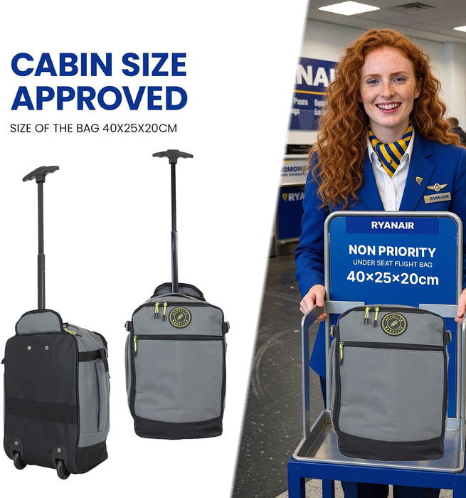 Bordlite Ryanair Cabin Bag 40x25x20cm Underseat Wheeled Travel Bag, Lightweight 20L Hand Luggage with Telescopic Handle, Smooth Wheels, Compression Straps, Side Pocket & Luggage Strap