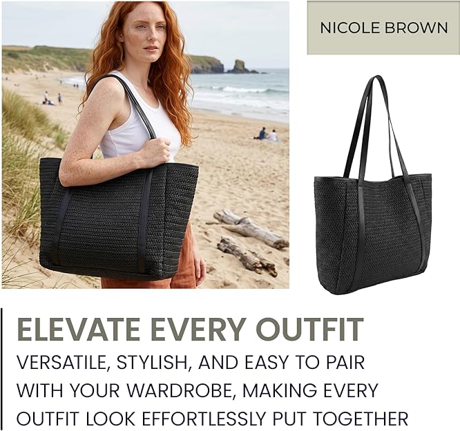 Nicole Brown Straw Tote Bag for Women – Summer Beach Shoulder Bag with Magnetic Closure & Inner Zip Pocket, Lightweight Woven Shopper for Holidays, Travel & Everyday Use