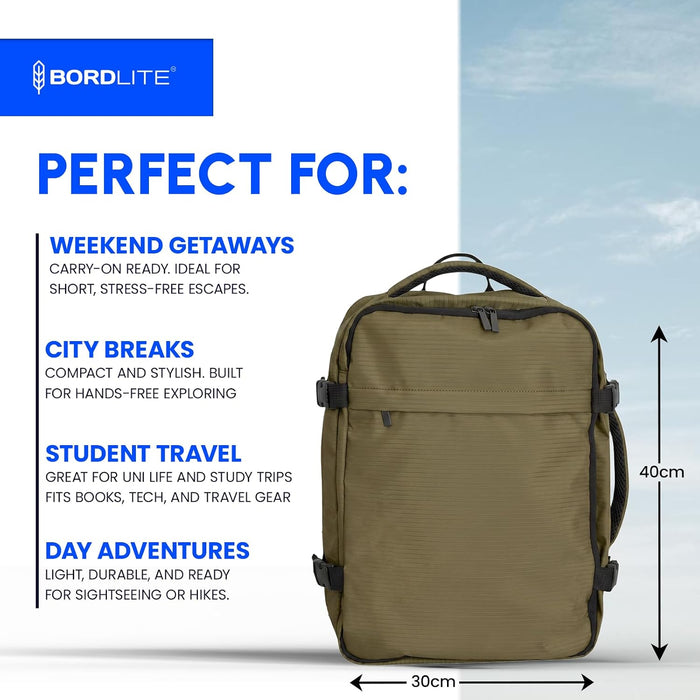 Bordlite Ryanair Cabin Backpack 40x30x20cm – Underseat Travel Backpack for Wizz Air & EasyJet, Water-Resistant Polyester Carry On Bag with Laptop Sleeve, Compression Straps & Security Pocket