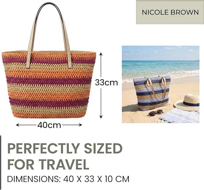 Nicole Brown Women's Straw Tote Bag - Woven Summer Beach Bag with Zip Closure & Interior Pocket, Lightweight Holiday Shoulder Shopper for Travel, Shopping & Beach Days