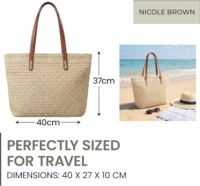 Nicole Brown Straw Beach Bag for Women – Large Woven Tote Bag with Zip Closure & Interior Pocket, Lightweight Summer Shoulder Bag for Beach, Holiday, Shopping & Travel