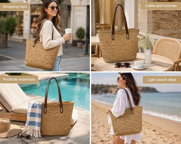 Nicole Brown Straw Tote Bag for Women – Woven Summer Shoulder Bag with Zip Closure & Interior Zip Pocket, Lightweight Beach Shopper Tote for Holidays, Travel & Everyday Use