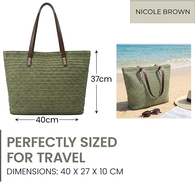 Nicole Brown Straw Beach Bag for Women – Large Woven Tote Bag with Zip Closure & Interior Pocket, Lightweight Summer Shoulder Bag for Beach, Holiday, Shopping & Travel