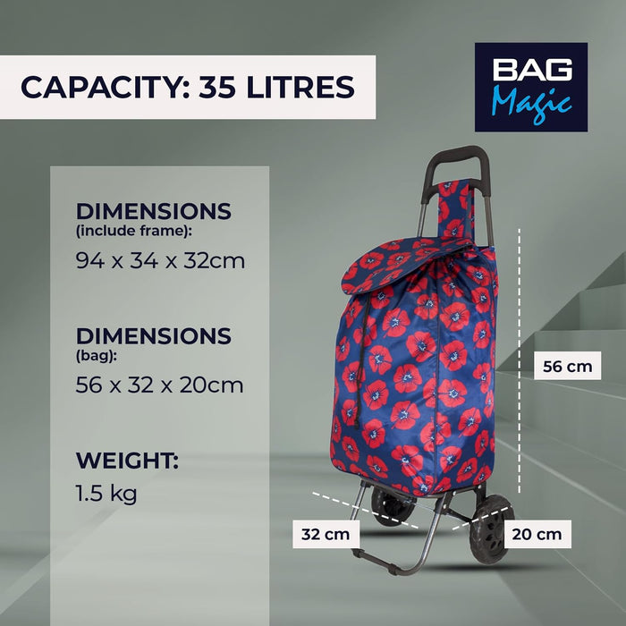 Lightweight 2 Wheel Shopping Trolley Cart 35L - Water-Resistant Bag & Smooth Rolling Wheels - 94cm