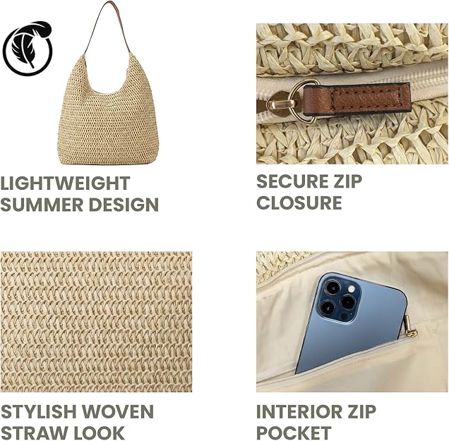 Nicole Brown Women's Straw Hobo Shoulder Bag - Woven Summer Beach Handbag with Zip Closure, Lightweight Holiday Tote for Travel, Shopping & Everyday Use