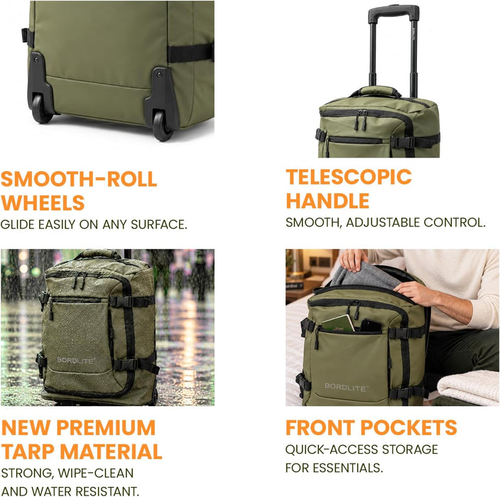 Bordlite EasyJet Cabin Bag 45x36x20cm – Lightweight Wheeled Carry On Trolley Bag 800g – Water-Resistant TARP, Telescopic Handle & Front Pockets – Khaki