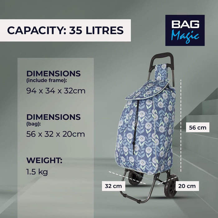 Lightweight 2 Wheel Shopping Trolley Cart 35L - Water-Resistant Bag & Smooth Rolling Wheels - 94cm