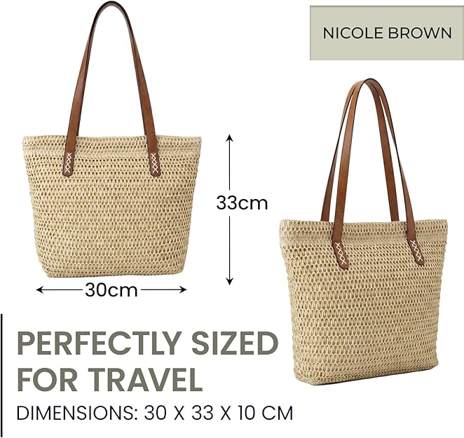 Nicole Brown Straw Tote Bag for Women – Woven Summer Shoulder Bag with Zip Closure & Interior Zip Pocket, Lightweight Beach Shopper Tote for Holidays, Travel & Everyday Use