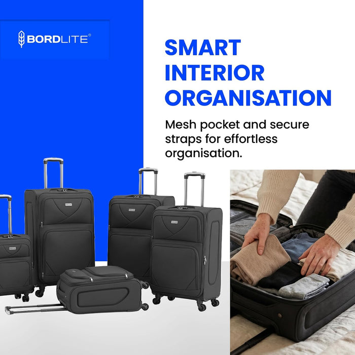 Bordlite Softshell Spinner Suitcase Black - Expandable Travel Luggage with 360 Wheels, Combination Lock, Telescopic Handle and Front Pockets (Available in 19", 22", 27", 30", 34" and Bundle Sets)