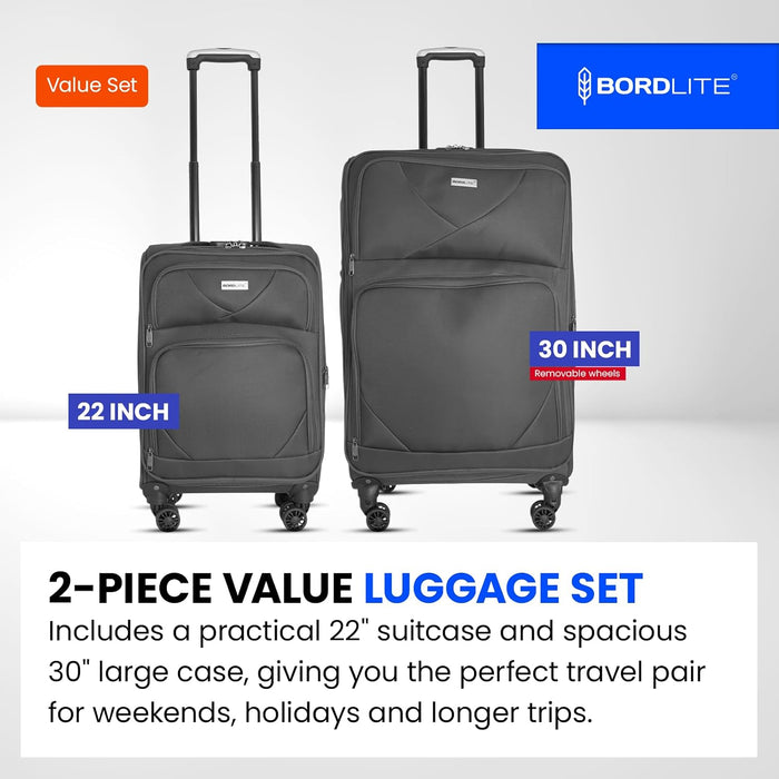 Bordlite Softshell Spinner Suitcase Black - Expandable Travel Luggage with 360 Wheels, Combination Lock, Telescopic Handle and Front Pockets (Available in 19", 22", 27", 30", 34" and Bundle Sets)