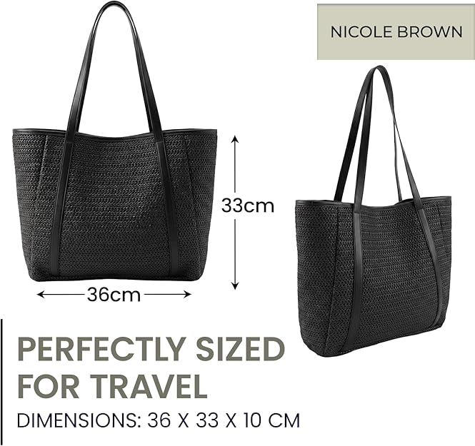 Nicole Brown Straw Tote Bag for Women – Summer Beach Shoulder Bag with Magnetic Closure & Inner Zip Pocket, Lightweight Woven Shopper for Holidays, Travel & Everyday Use