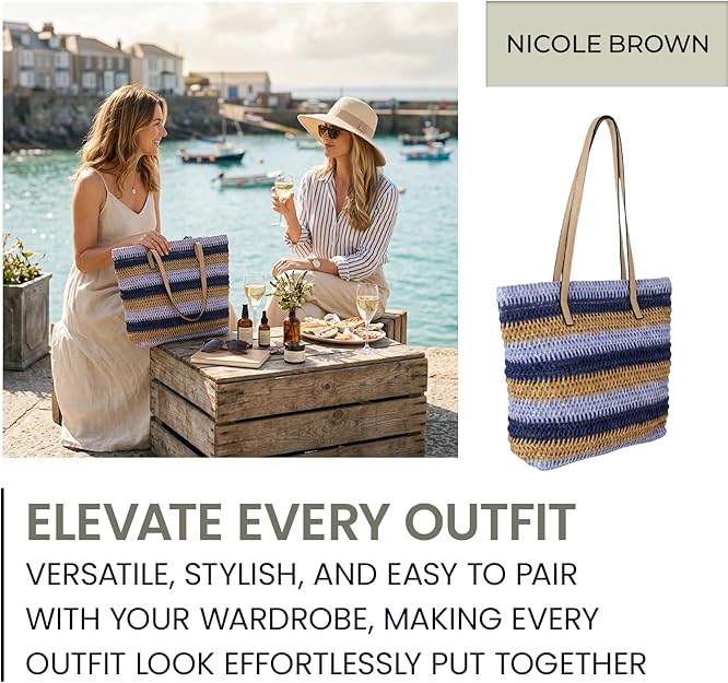 Nicole Brown Women's Straw Tote Bag - Woven Summer Beach Bag with Zip Closure & Interior Pocket, Lightweight Holiday Shoulder Shopper for Travel, Shopping & Beach Days
