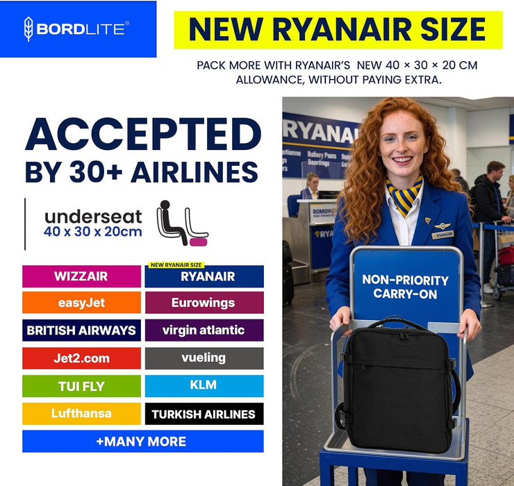 Bordlite Ryanair Cabin Backpack 40x30x20cm – Underseat Travel Backpack for Wizz Air & EasyJet, Water-Resistant Polyester Carry On Bag with Laptop Sleeve, Compression Straps & Security Pocket