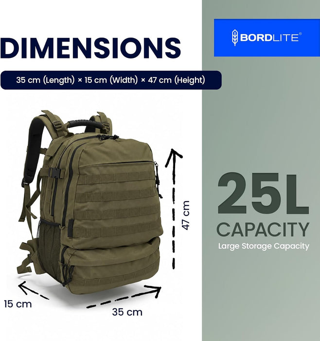 Bordlite 25L Military Tactical Backpack, Heavy Duty MOLLE Rucksack with Padded Shoulder Straps, Waist Belt, Multiple Compartments for Hiking, Camping, Travel, Gym & Work