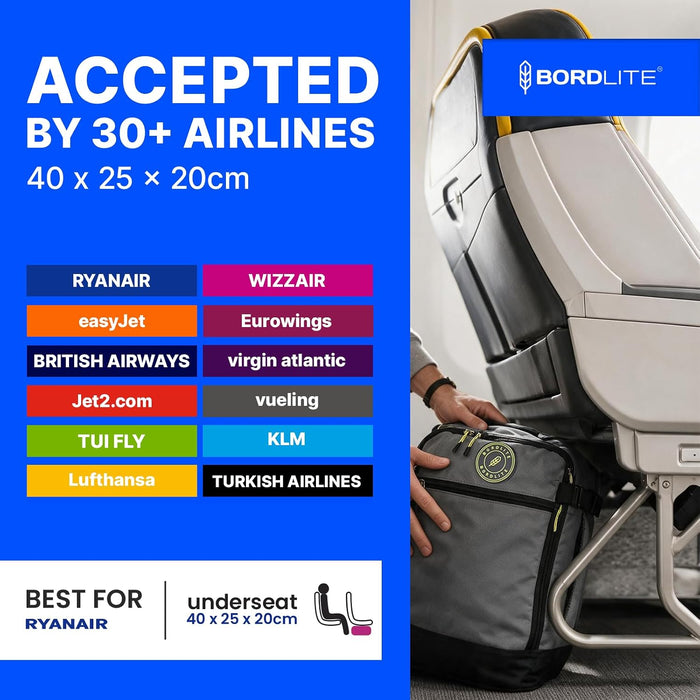 Bordlite Ryanair Cabin Bag 40x25x20cm Underseat Wheeled Travel Bag, Lightweight 20L Hand Luggage with Telescopic Handle, Smooth Wheels, Compression Straps, Side Pocket & Luggage Strap
