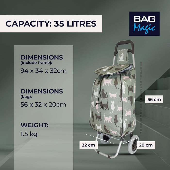 Lightweight 2 Wheel Shopping Trolley Cart 35L - Water-Resistant Bag & Smooth Rolling Wheels - 94cm