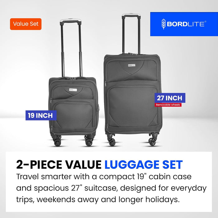 Bordlite Softshell Spinner Suitcase Black - Expandable Travel Luggage with 360 Wheels, Combination Lock, Telescopic Handle and Front Pockets (Available in 19", 22", 27", 30", 34" and Bundle Sets)
