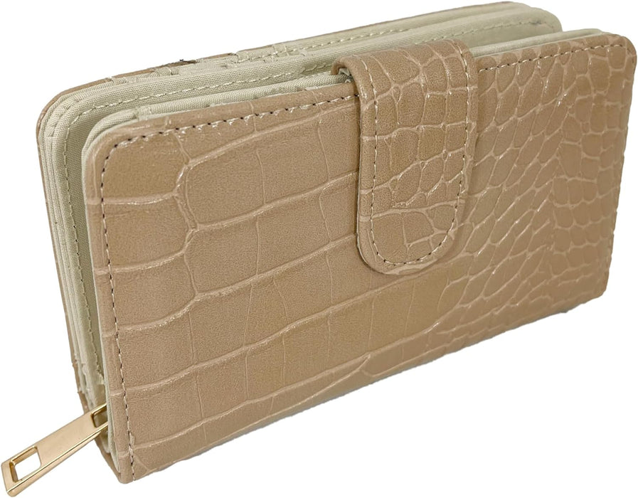 Ridgeback Women's Faux Croc Pattern Tri-Fold Purse - Ladies Coin Purse ID Wallet, Photo Holder, 16 Card Slots