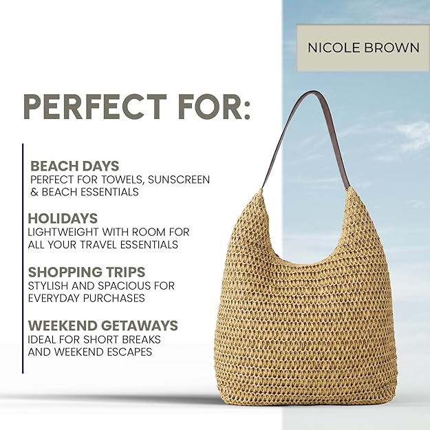 Nicole Brown Women's Straw Hobo Shoulder Bag - Woven Summer Beach Handbag with Zip Closure, Lightweight Holiday Tote for Travel, Shopping & Everyday Use