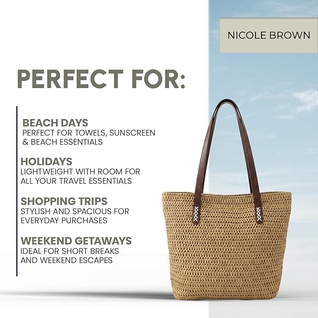Nicole Brown Straw Tote Bag for Women – Woven Summer Shoulder Bag with Zip Closure & Interior Zip Pocket, Lightweight Beach Shopper Tote for Holidays, Travel & Everyday Use