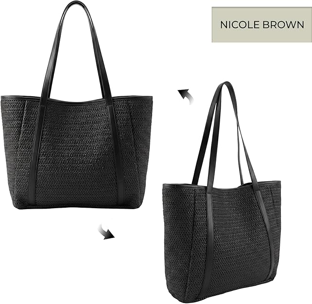 Nicole Brown Straw Tote Bag for Women – Summer Beach Shoulder Bag with Magnetic Closure & Inner Zip Pocket, Lightweight Woven Shopper for Holidays, Travel & Everyday Use