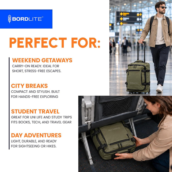 Bordlite EasyJet Cabin Bag 45x36x20cm – Lightweight Wheeled Carry On Trolley Bag 800g – Water-Resistant TARP, Telescopic Handle & Front Pockets – Khaki