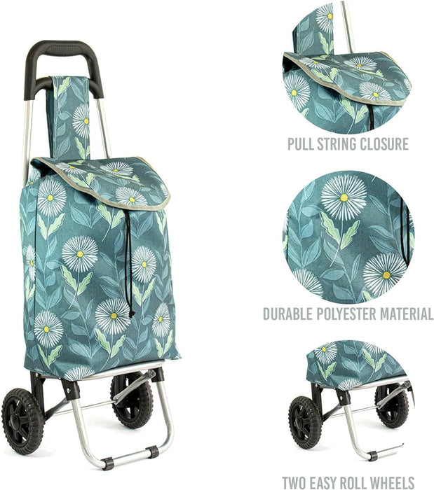 Lightweight Wheeled Shopping Trolley - Push Cart Luggage Bag with Wheels Easy Rolling Foldable Frame