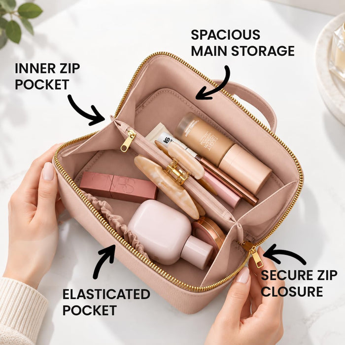 Nicole Brown Large Makeup Bag for Women 24x12x12cm – Cosmetic Organiser with Compartments & Brush Holders – Travel Toiletry Bag with Gold Zip & Carry Handle