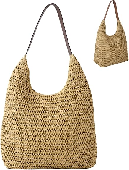 Nicole Brown Women's Straw Hobo Shoulder Bag - Woven Summer Beach Handbag with Zip Closure, Lightweight Holiday Tote for Travel, Shopping & Everyday Use
