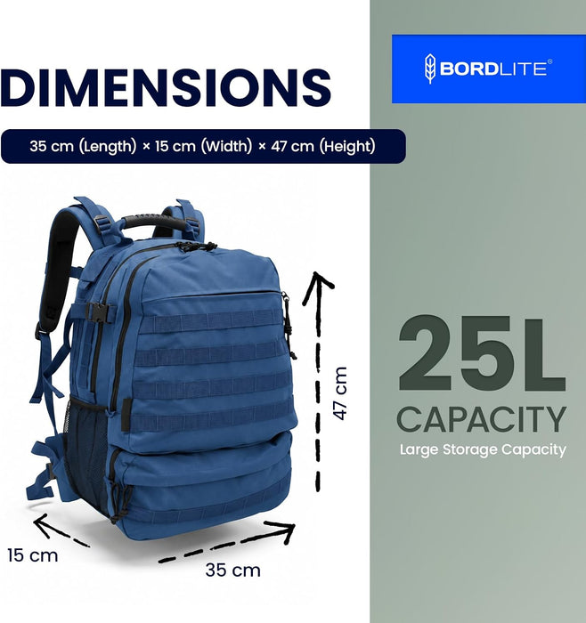 Bordlite 25L Military Tactical Backpack, Heavy Duty MOLLE Rucksack with Padded Shoulder Straps, Waist Belt, Multiple Compartments for Hiking, Camping, Travel, Gym & Work