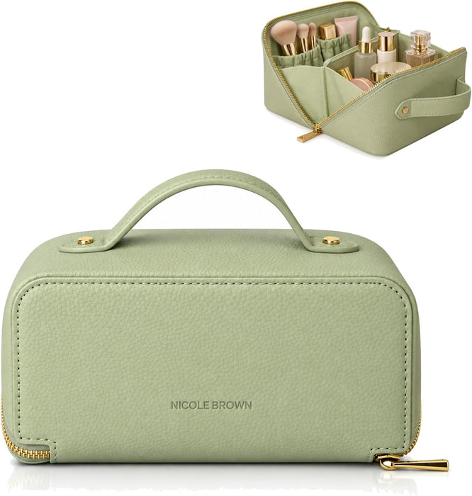 Nicole Brown Large Makeup Bag for Women 24x12x12cm – Cosmetic Organiser with Compartments & Brush Holders – Travel Toiletry Bag with Gold Zip & Carry Handle