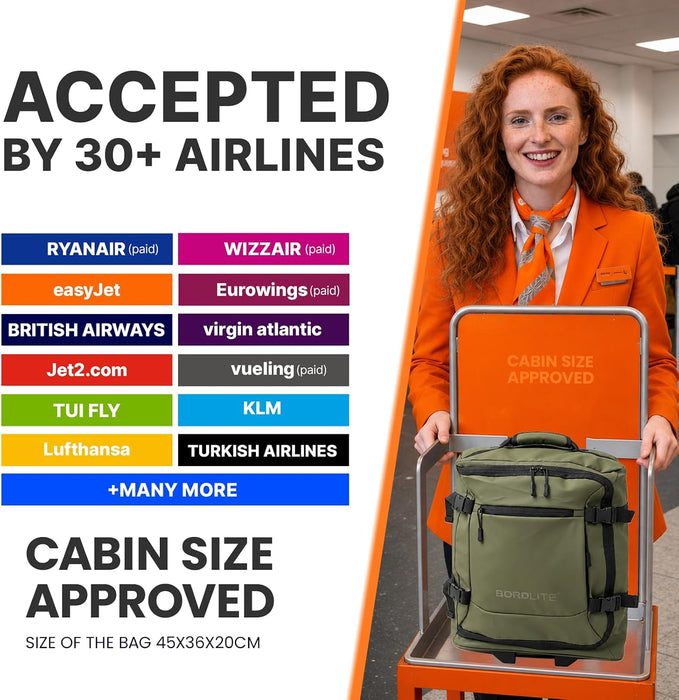 Bordlite EasyJet Cabin Bag 45x36x20cm – Lightweight Wheeled Carry On Trolley Bag 800g – Water-Resistant TARP, Telescopic Handle & Front Pockets – Khaki