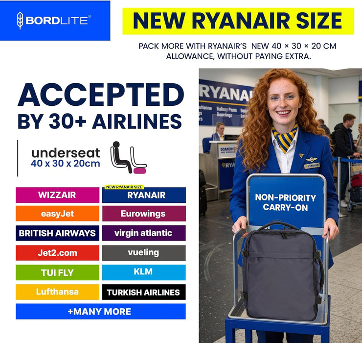 Bordlite Ryanair Cabin Backpack 40x30x20cm – Underseat Travel Backpack for Wizz Air & EasyJet, Water-Resistant Polyester Carry On Bag with Laptop Sleeve, Compression Straps & Security Pocket