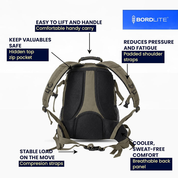 Bordlite 25L Military Tactical Backpack, Heavy Duty MOLLE Rucksack with Padded Shoulder Straps, Waist Belt, Multiple Compartments for Hiking, Camping, Travel, Gym & Work