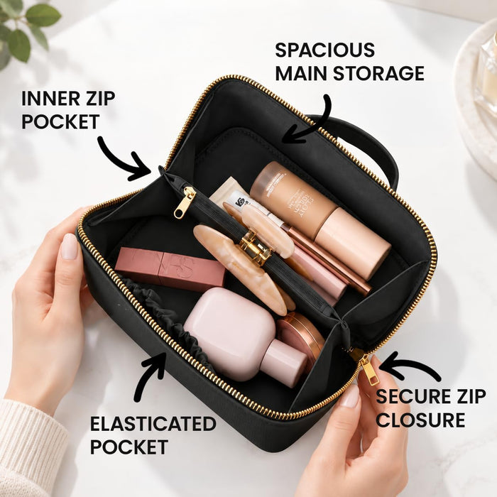 Nicole Brown Large Makeup Bag for Women 24x12x12cm – Cosmetic Organiser with Compartments & Brush Holders – Travel Toiletry Bag with Gold Zip & Carry Handle